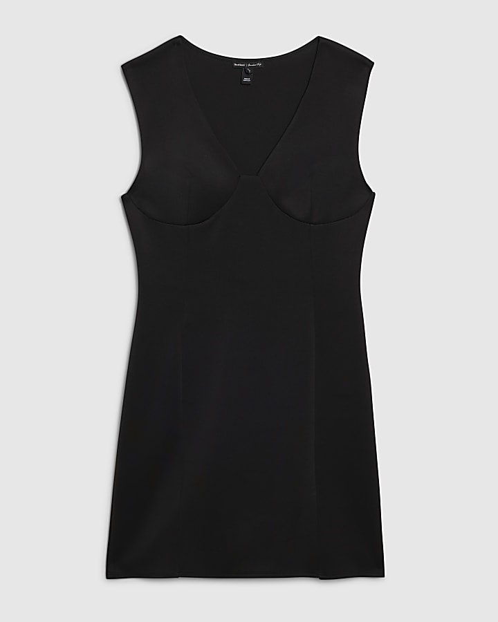Black Sleeveless Plunge Neck Mini Dress