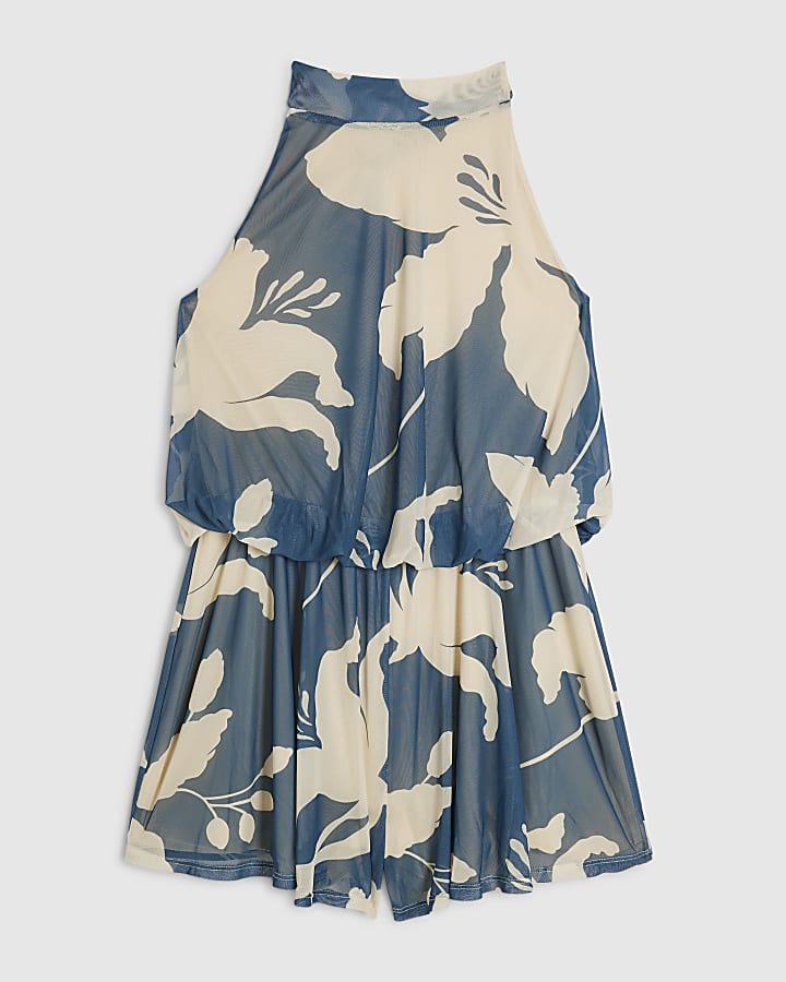 Blue Tropical Print Halter Neck Playsuit