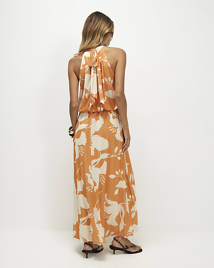Orange Floral Print Halter Neck Dress