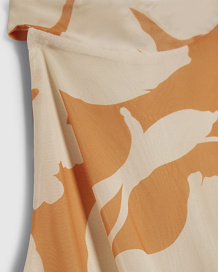 Orange Floral Print Halter Neck Dress