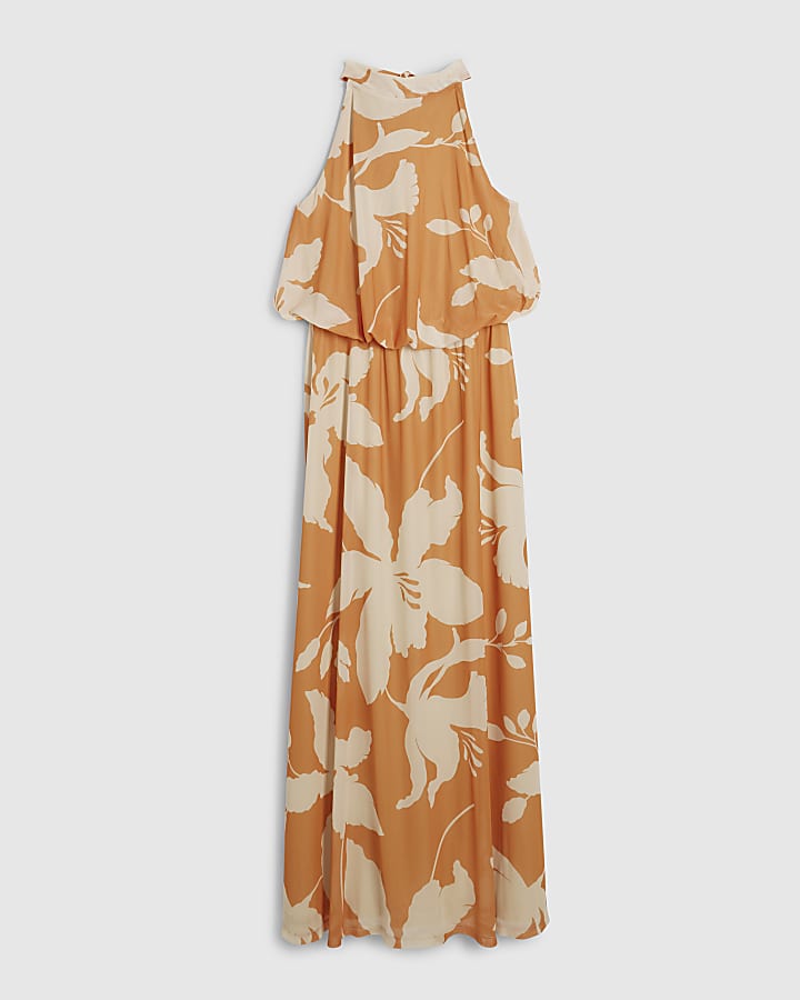 Orange Floral Print Halter Neck Dress