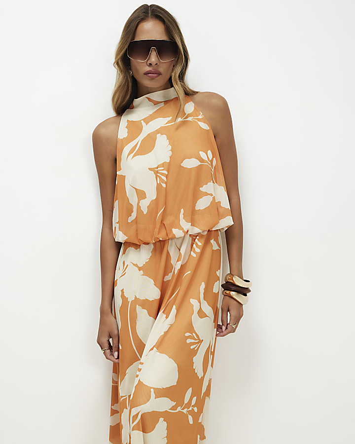 Orange Floral Print Halter Neck Dress