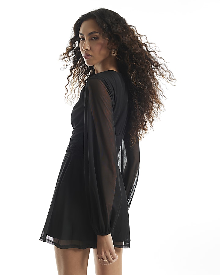 Black Mesh Long Sleeve V Neck Playsuit