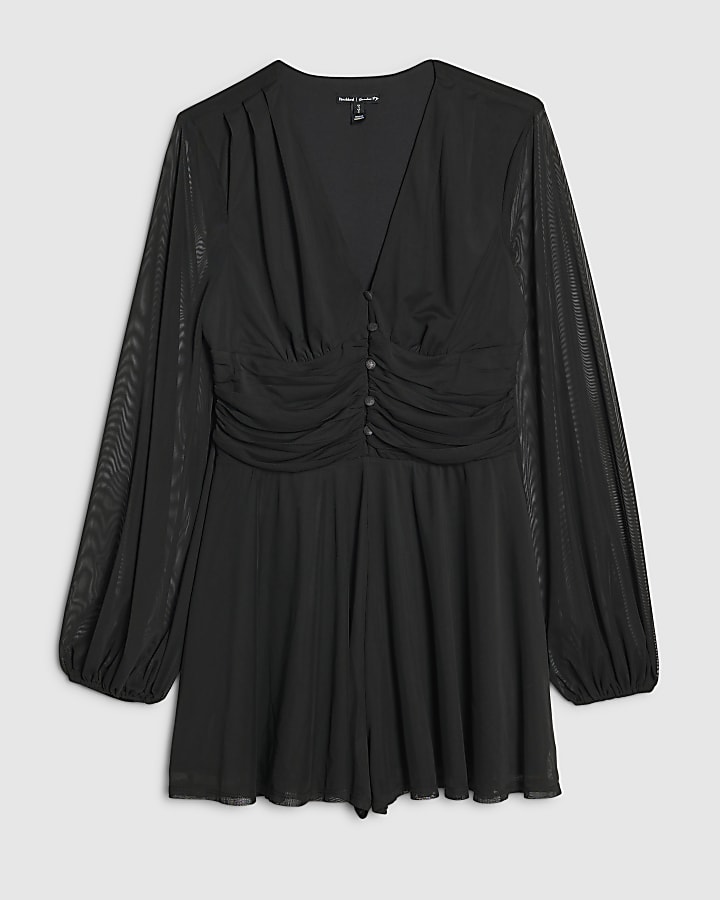 Black Mesh Long Sleeve V Neck Playsuit