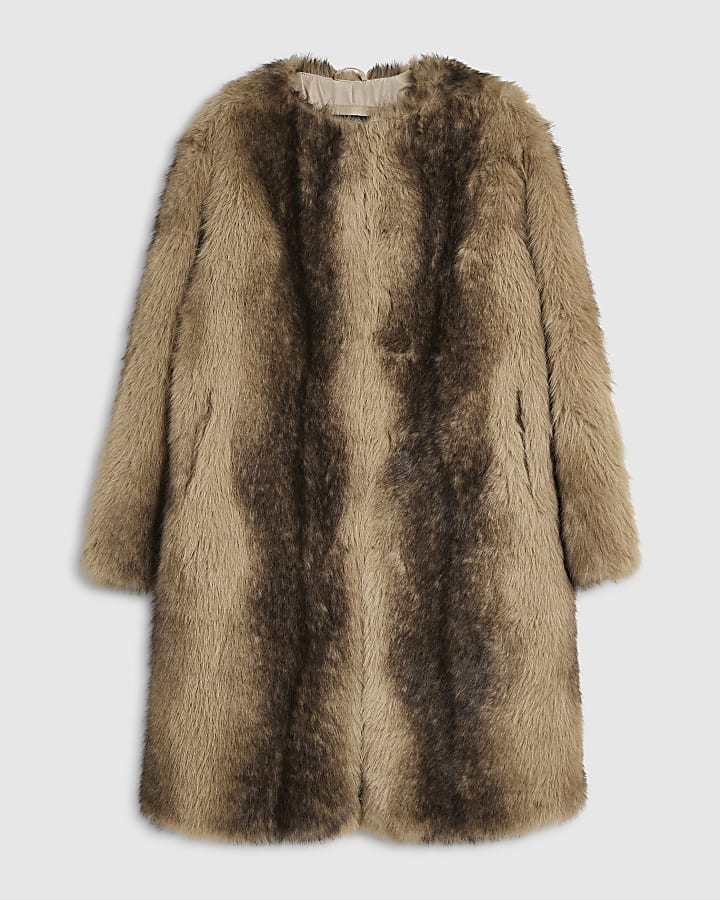 Petite Brown Stripe Faux Fur Coat