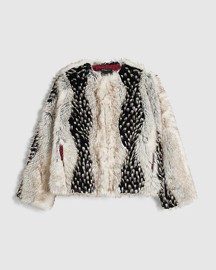 Petite Cream Mixed Faux Fur Plush Coat