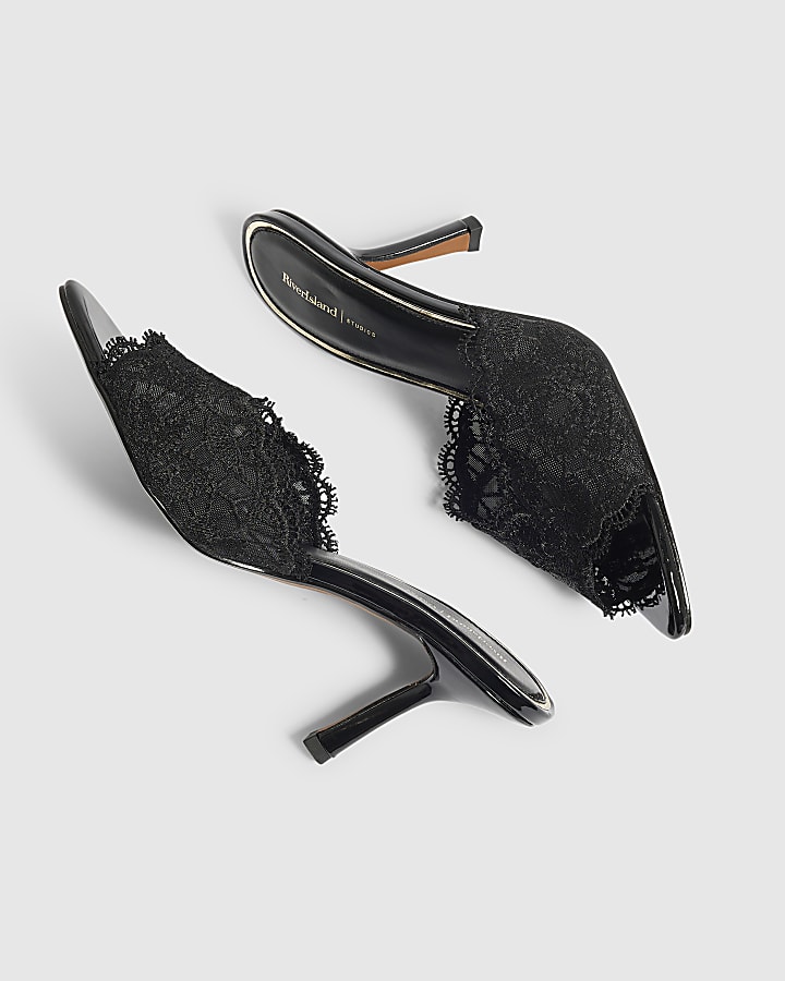 Black Lace Peep Top Mule Sandals