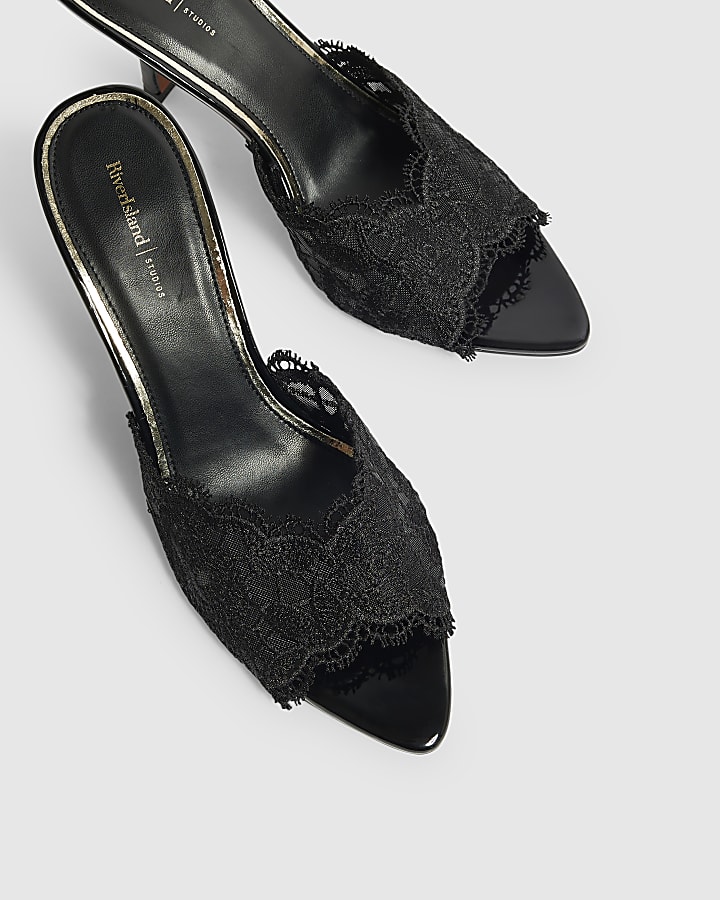 Black Lace Peep Top Mule Sandals