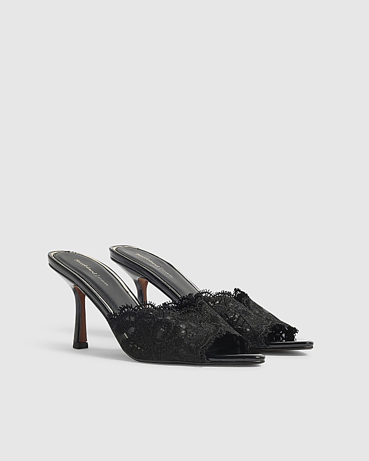 Black Lace Peep Top Mule Sandals