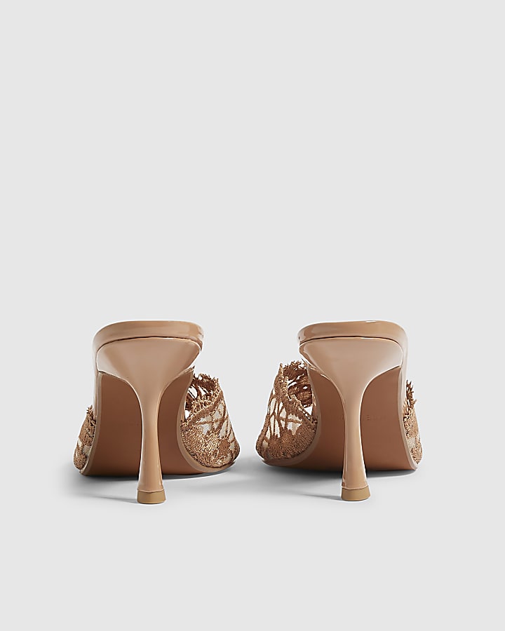 Beige Lace Peep Top Mule Sandals