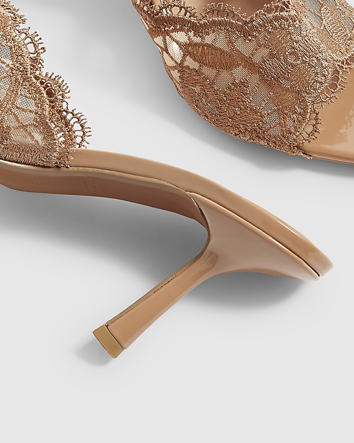 Beige Lace Peep Top Mule Sandals