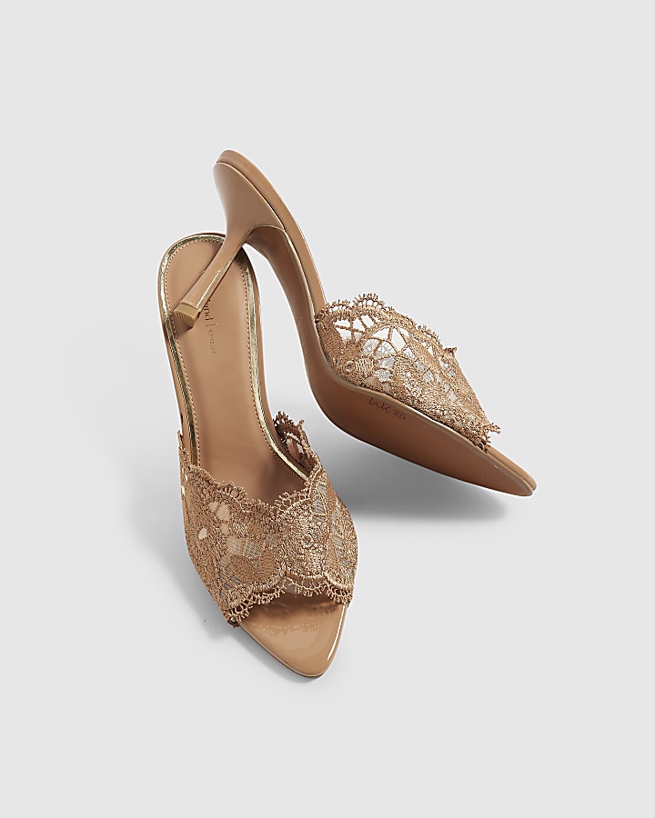 Beige Lace Peep Top Mule Sandals