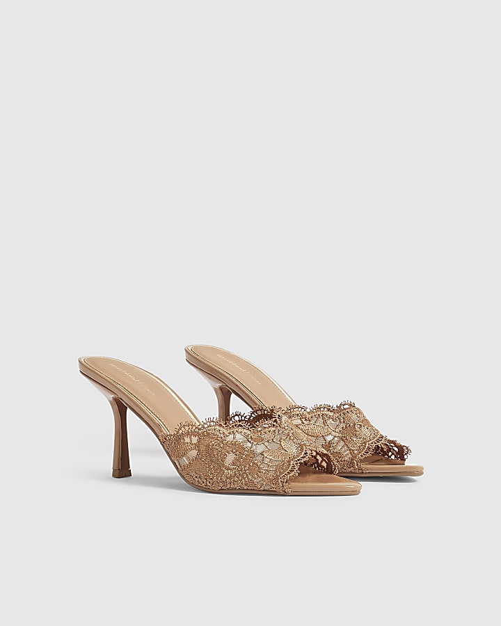 Beige Lace Peep Top Mule Sandals