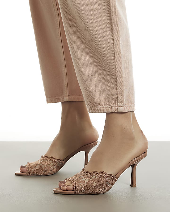 Beige Lace Peep Top Mule Sandals