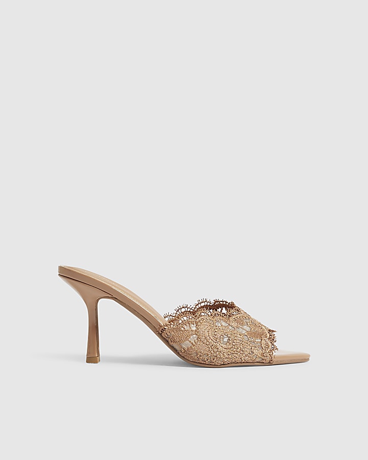 Beige Lace Peep Top Mule Sandals