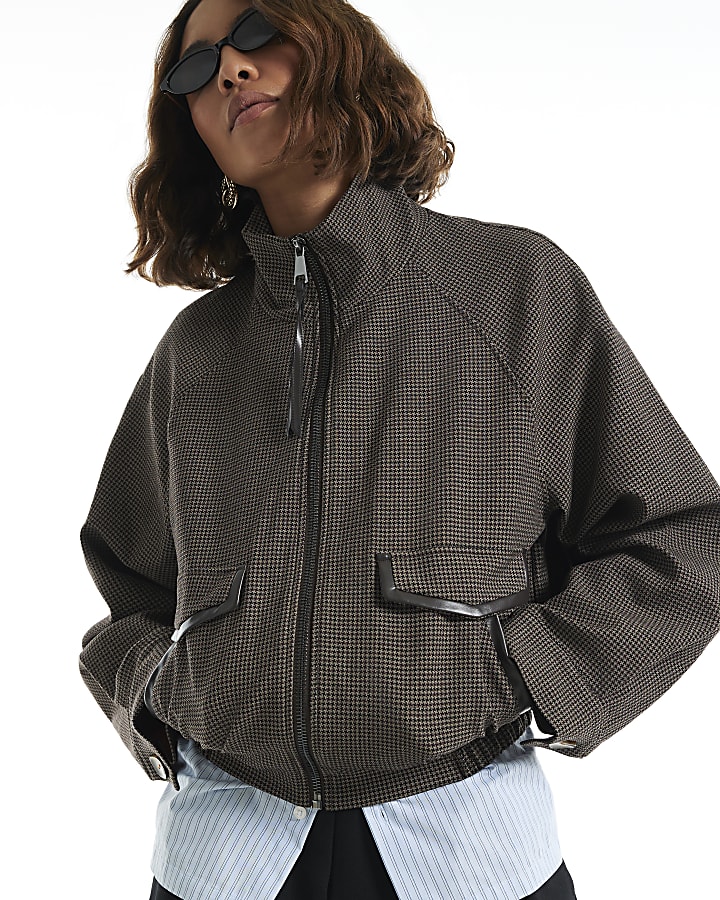 Brown Slogan Check Bomber Jacket