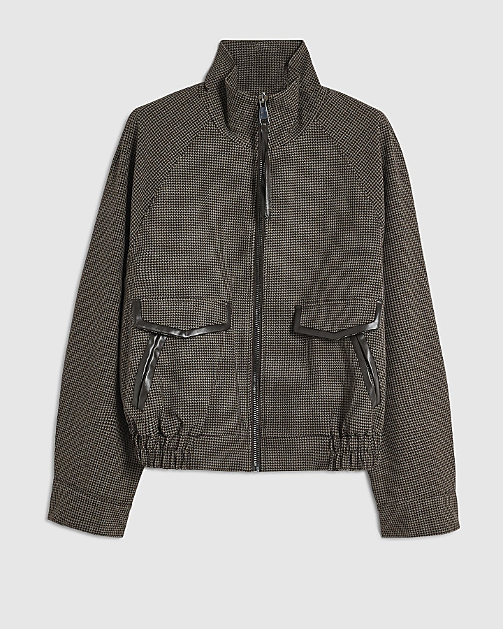 Brown Slogan Check Bomber Jacket