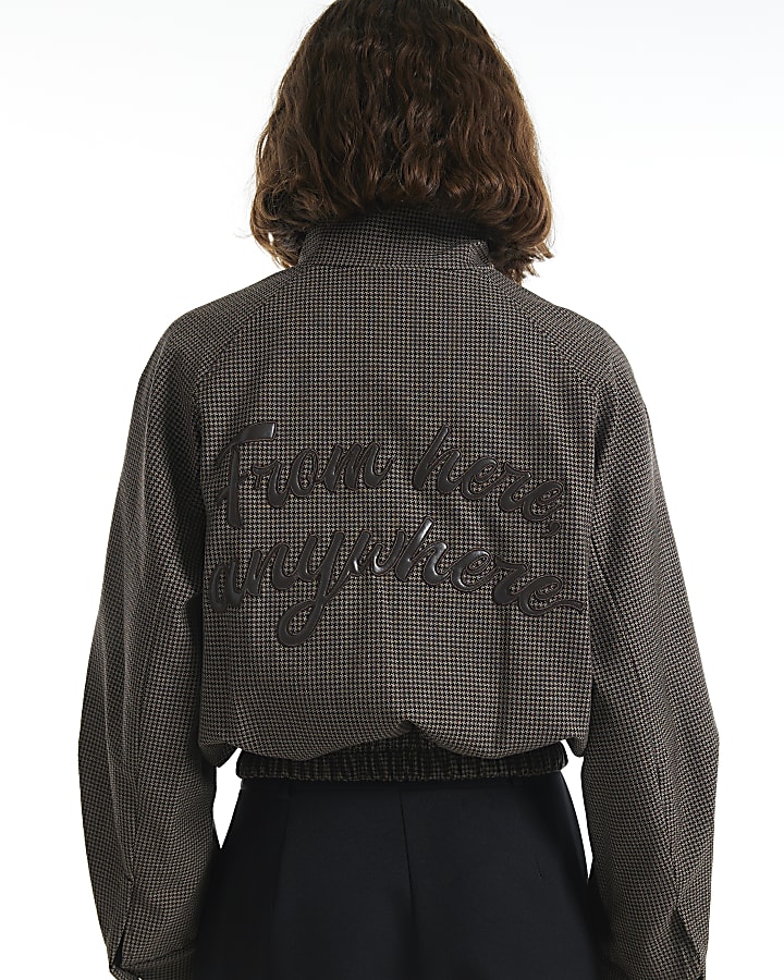 Brown Slogan Check Bomber Jacket
