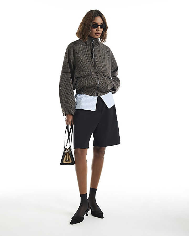 Brown Slogan Check Bomber Jacket
