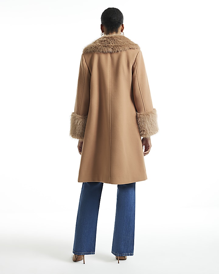 Brown Faux Fur Trim Coat