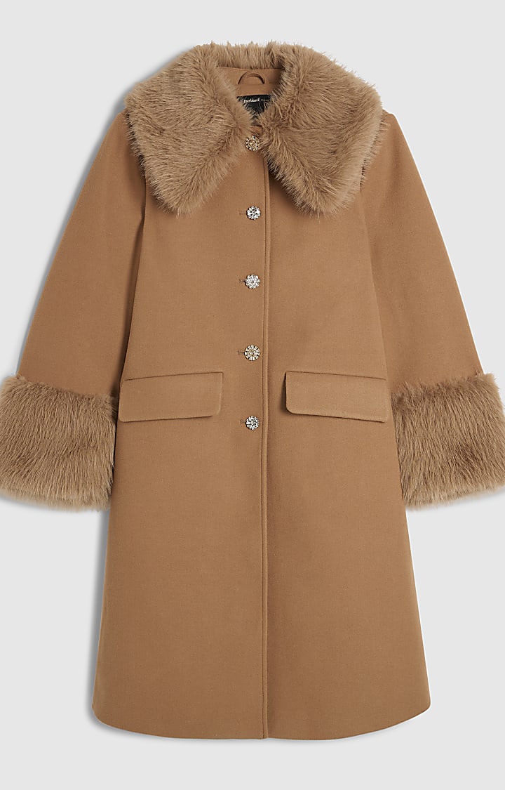 Brown Faux Fur Trim Coat