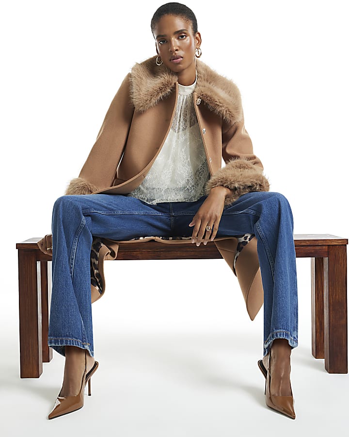 Brown Faux Fur Trim Coat
