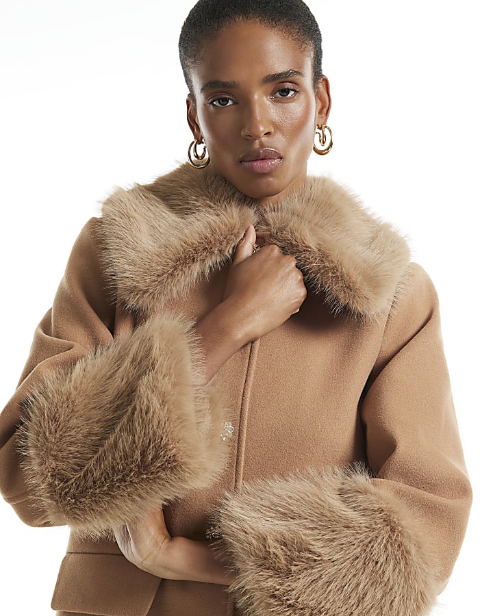 Brown Faux Fur Trim Coat