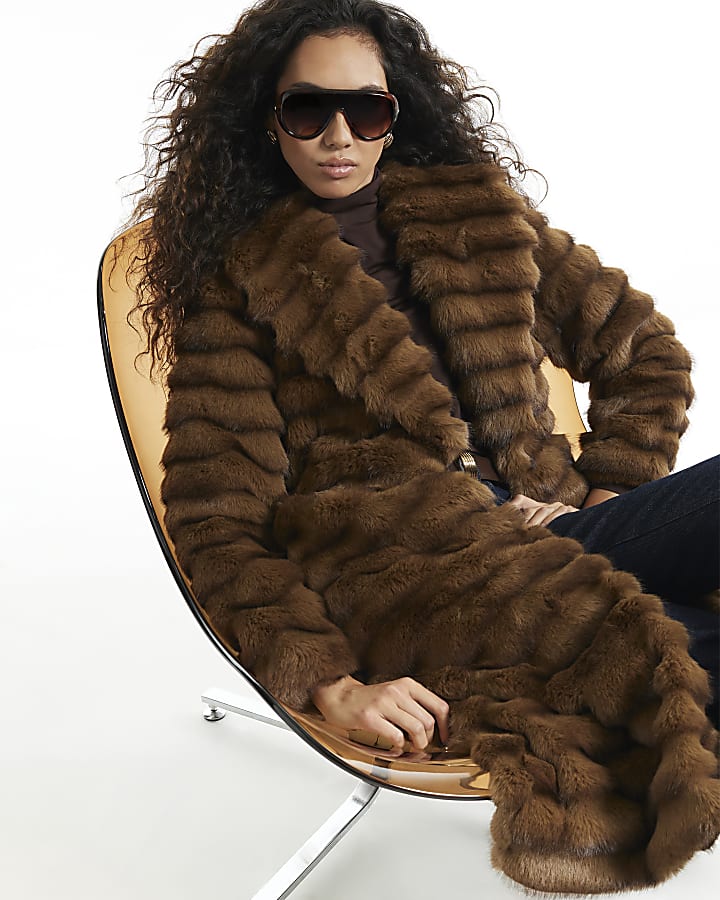 Brown Long Pelted Faux Fur Coat