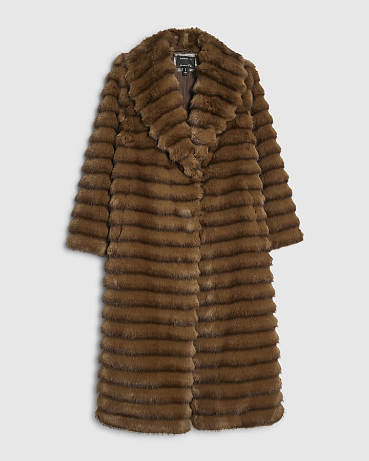 Brown Long Pelted Faux Fur Coat