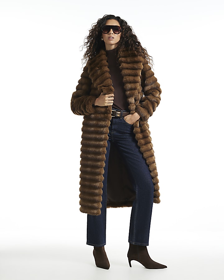 Brown Long Pelted Faux Fur Coat