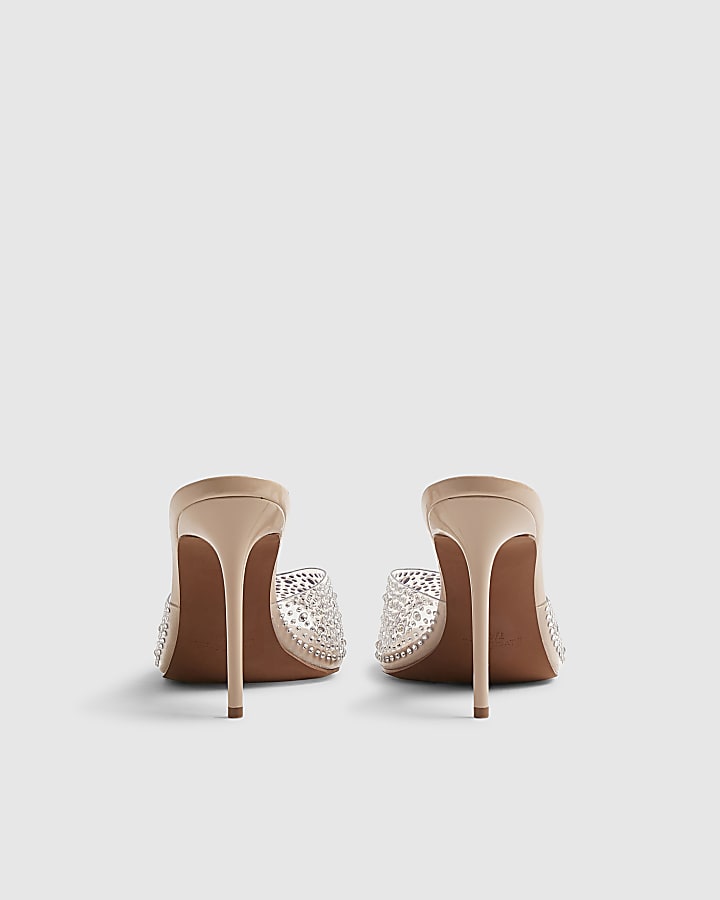 Beige Embellished Perspex Mule Heeled Sandals