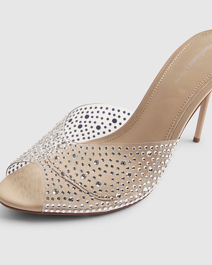 Beige Embellished Perspex Mule Heeled Sandals