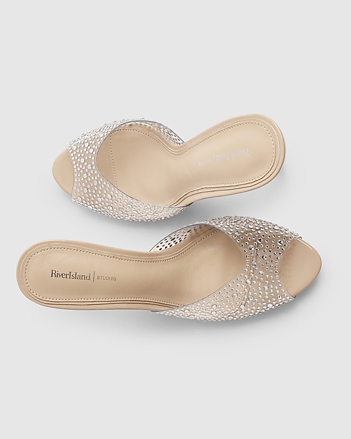 Beige Embellished Perspex Mule Heeled Sandals