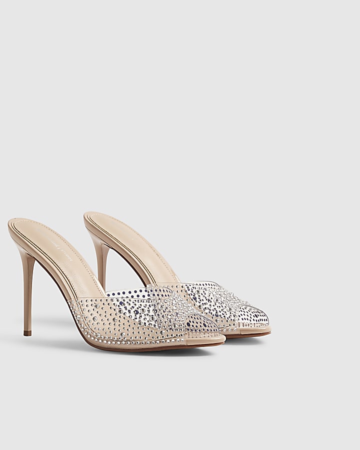 Beige Embellished Perspex Mule Heeled Sandals