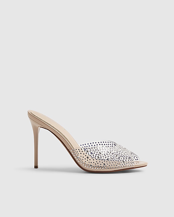 Beige Embellished Perspex Mule Heeled Sandals