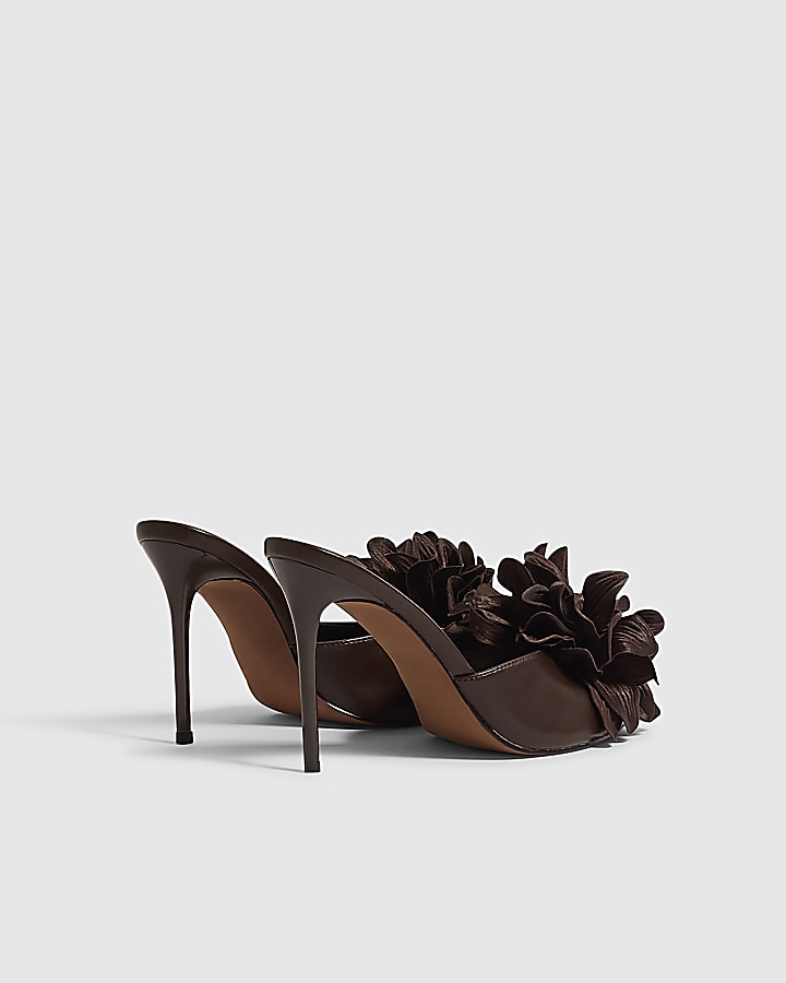 Brown Oversized Flower Heeled Mules