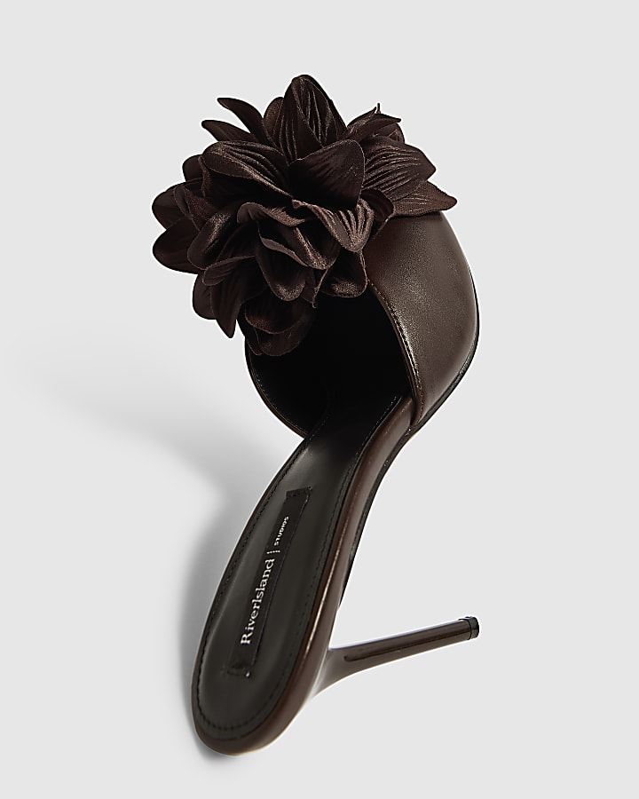 Brown Oversized Flower Heeled Mules