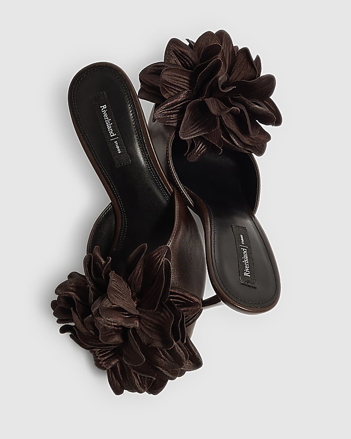 Brown Oversized Flower Heeled Mules