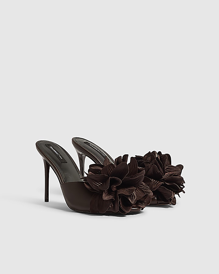 Brown Oversized Flower Heeled Mules
