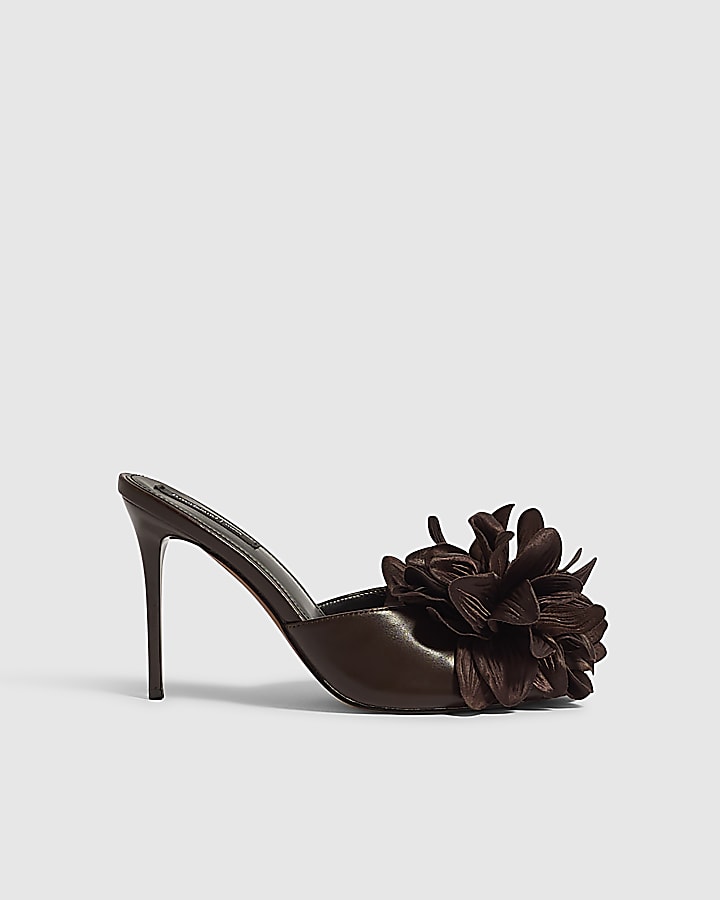 Brown Oversized Flower Heeled Mules