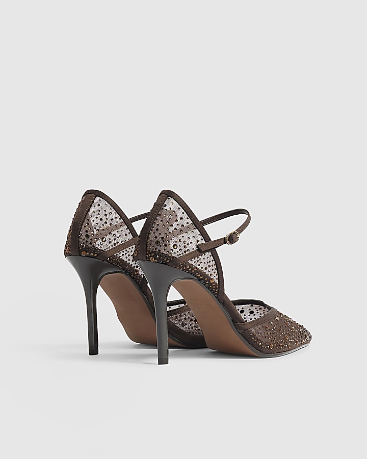 Brown Diamante Mesh Court Heels