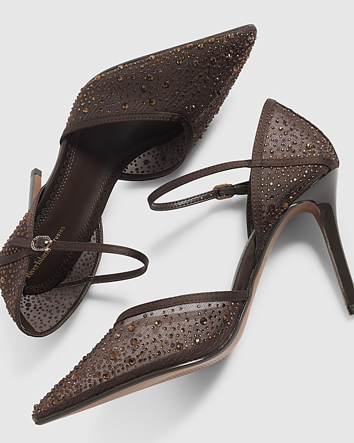 Brown Diamante Mesh Court Heels