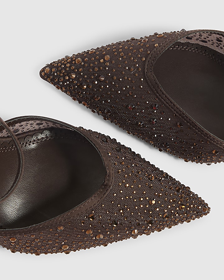 Brown Diamante Mesh Court Heels