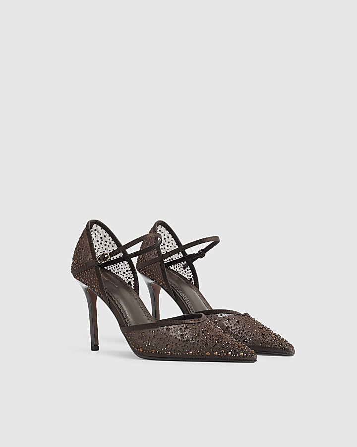 Brown Diamante Mesh Court Heels