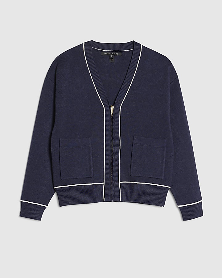 Navy Long Sleeved Tipped Knit Cardigan