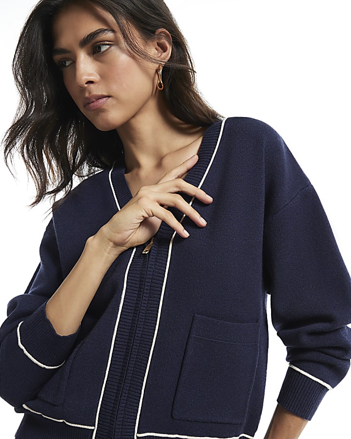 Navy Long Sleeved Tipped Knit Cardigan