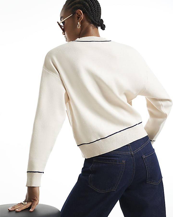 Cream Long Sleeve Tipped Cardigan