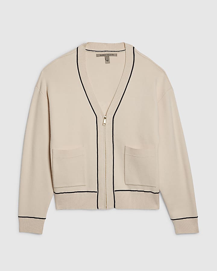 Cream Long Sleeve Tipped Cardigan