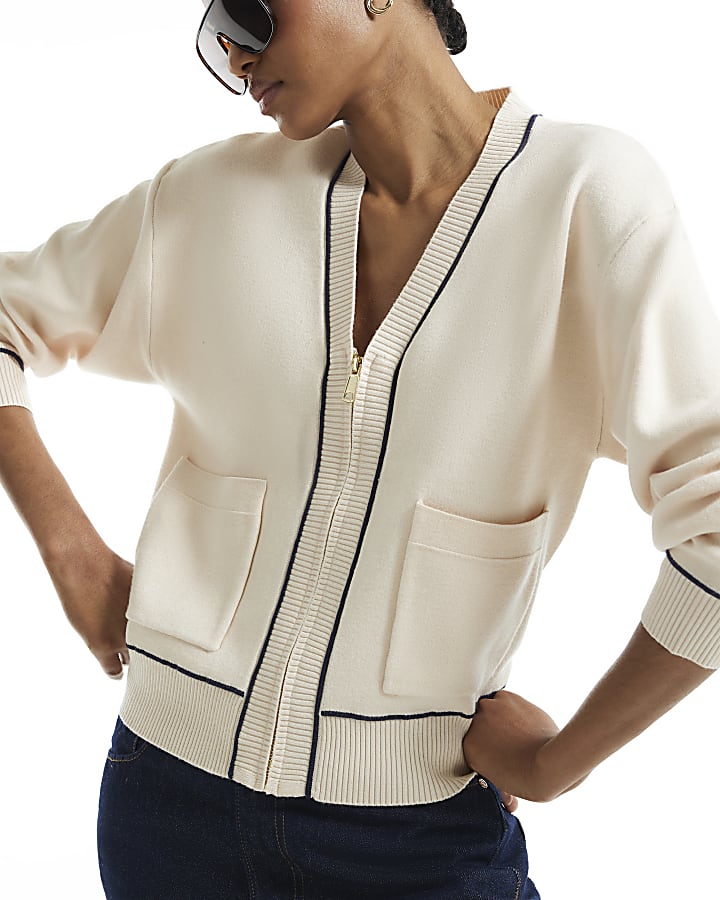 Cream Long Sleeve Tipped Cardigan