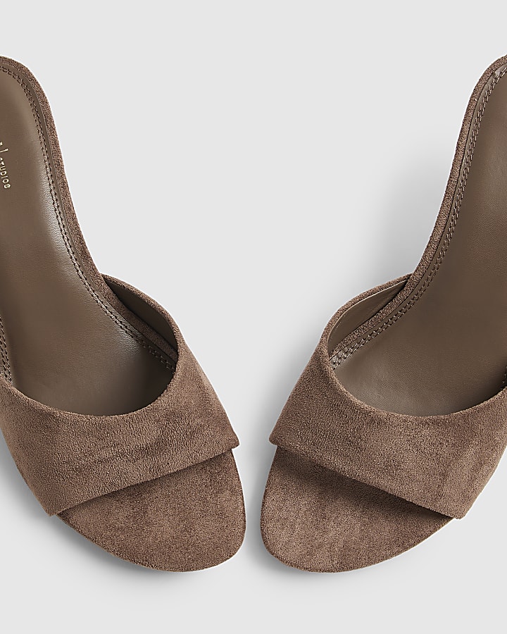 Beige Faux Suede Mule Heeled Sandals